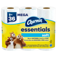 Charmin - Essentials Soft Papier hygienique, 9 rouleaux Mega, 352 feuilles/rouleau-L'emballage comprend 9 rouleaux Mega (352 feuilles par rouleau) de papier hygienique Charmin Essentials Soft
