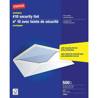 Staples - Enveloppes de sécurité nº 10 avec rabats gommés, 4 1/8 po x 9 1/2 po, 24 lb, blanc, paquet de 500-Enveloppes n° 10 polyvalentes, idéales pour l'envoi de lettres, chèques, factures et autres