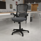 Flash Furniture Chaise de bureau ergonomique pivotante en maille grise foncée à dossier haut avec cadre noir et bras rabattables-Base en nylon 5 étoiles à roulettes doubles