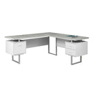 Monarch Specialties - 7307 Bureau 70 po - Blanc/Simili-Ciment Cote Droit/Gauche-Bureau d'ordinateur à panneaux épais en forme de L avec 3 tiroirs de rangement et 3 pieds en métal au fini argenté