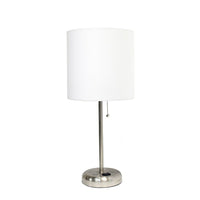 LimeLights – Lampe de table avec prise de chargement, blanc (LT2024-WHT)-Base en acier brossé avec prise de chargement