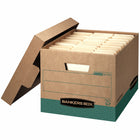 Boîte de rangement recyclée lettre/légal à usage intensif Bankers Box R-Kive, Kraft/vert, paquet de 4-Parois à double épaisseur sur la longueur, à triple épaisseur sur la largeur et avec un double fond pour résister aux manipulations fréquentes.