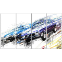 Designart – Toile galerie, Ligne d’arrivée course de muscle car, 4 panneaux (PT2647-271)-Impression