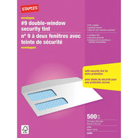 Staples Enveloppes blanches de sécurité avec fenêtre double n° 9, 3 7/8 po x 8 7/8 po, bte/500 - avec colle-Nº 9, 3 7/8 x 8 7/8 po