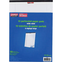 Staples - Tablettes de papier perforé à réglage large, 8 1/2 po x 11 po, blanc, 50 feuilles, paquet de 10-Blocs de papier à réglage large pour prendre des notes, rédiger des ébauches ou écrire des mémos