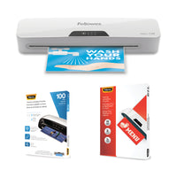 Fellowes - Offre groupée avec plastifieuse 12,5 po et 100 pochettes 3 mil format Lettre et 100 pochettes 5 mil format Menu-Plastifie des documents jusqu’à 12,5 po