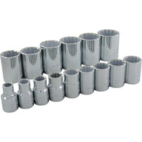 Ens. 15 douilles 3/8 à 1 1/4, 12pans, 1/2po-1