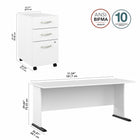 Bush Business Furniture - Bureau d'ordinateur 72 po l avec classeur mobile à 3 tiroirs Studio A - blanc/blanc-La surface de 72 po du bureau comprend trois passe-fils integres pour garder les fils et les câbles en ordre