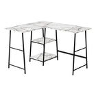 Monarch Specialties - 7595 Bureau 48 po L - Dessus Marbre Blanc De Coin/Metal Noir-Bureau d'ordinateur de style industriel avec 2 étagères fixes et ouvertes supporté par une base de style chevalet en métal noir