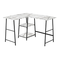 Monarch Specialties - 7595 Bureau 48 po L - Dessus Marbre Blanc De Coin/Metal Noir-Bureau d'ordinateur de style industriel avec 2 étagères fixes et ouvertes supporté par une base de style chevalet en métal noir