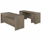 Bureau à devant arqué et crédence avec classeurs mobiles Studio C de Bush Business Furniture - hickory moderne/hickory moderne-L’ensemble comprend : un bureau à devant arqué 72L x 36P, un bureau crédence 72L x 24P, un classeur mobile à 2 tiroirs et un classeur mobile à 3 tiroirs