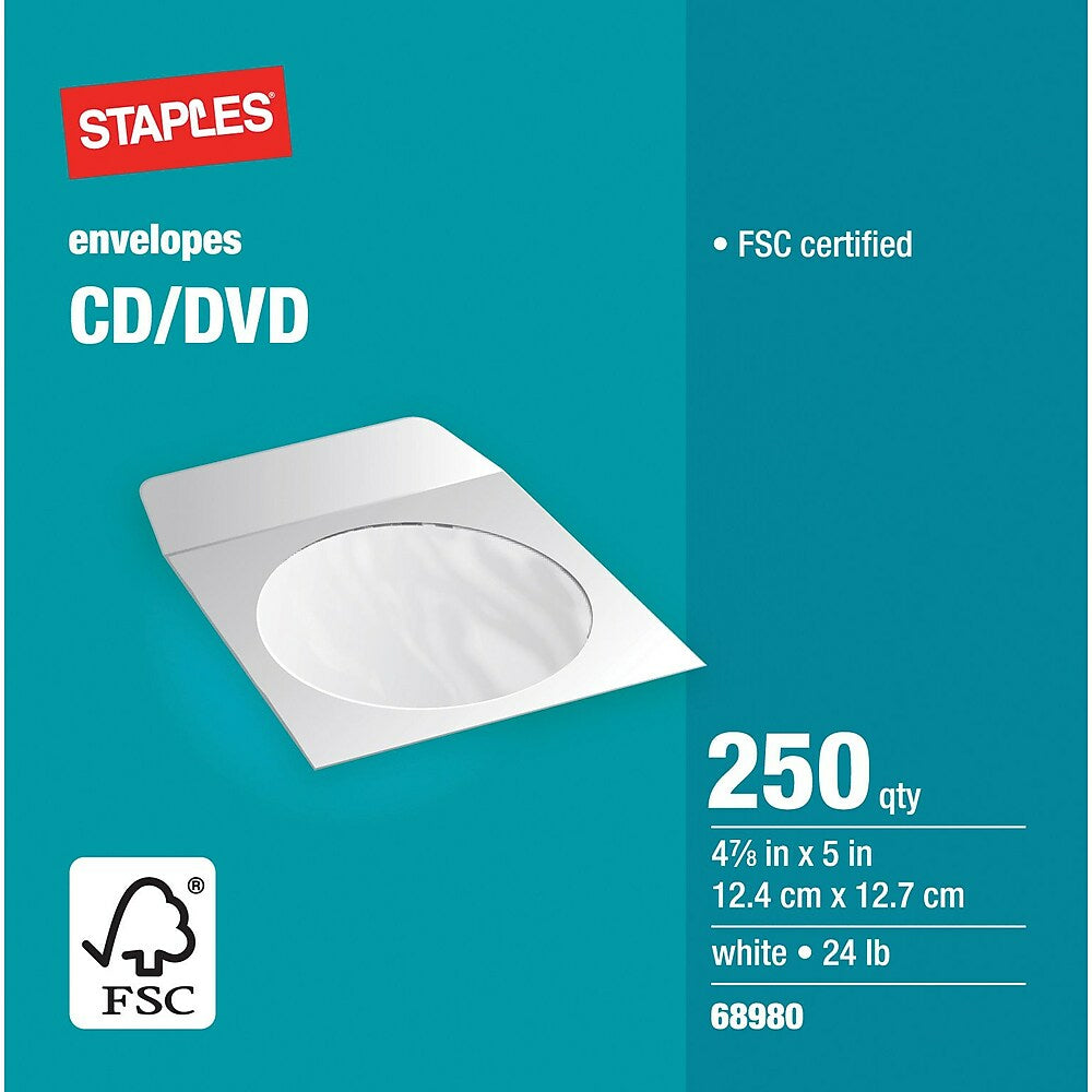 Staples - Enveloppes blanches pour CD/DVD, 4 7/8 po x 5 po, bte