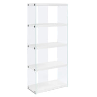Monarch Specialties - 3289 60 po H Etagere - Blanc Lustre Avec Verre Trempe-Cette unité de rangement à 5 niveaux offre amplement d'espace avec 4 tablettes fixes à panneaux épais, fini blanc lustré sur tous les côtés