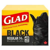 Glad - Sacs à ordures noirs - 74L - Paquet de 40-SACS À ORDURES NOIRS: Boîte de 40 sacs à ordures ordinaires de Glad d’une capacité de 74 L.