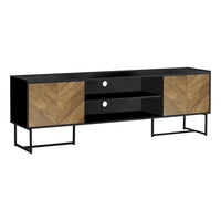 Monarch Specialties - 2752 Meuble Tv - 72 po L/Noir/Metal Avec 2 Portes Simili-Bois-Ce meuble TV tendance de 72 pouces est conçu de manière durable avec une finition contemporaine en stratifié marron et noir, un cadre métallique noir robuste et des lignes en V attrayantes sur les portes d'aspect bois pour une touche de modernité