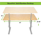 Uncaged Ergonomics – Bureau assis debout Rise Up, hauteur à réglage électrique, 60 po, bambou et cadre gris (RUGB)-Surface de 60 x 30 po ; bambou massif (ni placage ni imitation) ; fini de luxe; couleur bambou naturel