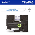 Brother TZeFA3 Ruban thermocollant blanc avec texte bleu marine pour étiqueteuse P-touch 12 mm-Idéal pour étiqueter vos vêtements, uniformes et autres articles en coton