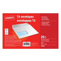 Staples - Enveloppes T4 avec rabats gommés, 5 3/4 x 9 po, 24 lb, blanc, paquet de 25-Enveloppes pour T4 idéales pour envoyer des formulaires d’impôts standards et autres
