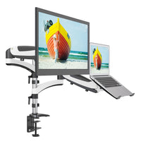 ShoppingAll Support à bras entièrement réglable pour deux écrans et adaptateur pour ordinateur portable - Blanc-Peut accueillir un écran 15"-32" et un ordinateur portable 12"-17" OU peut être utilisé pour deux écrans 15"-32" jusqu'à 17.6 lb/8kg