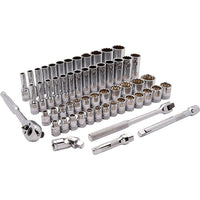Dynamic Tools – Ensemble de 57 douilles à 12 pans de 3/8 po, standard et profondes, SAE/métrique, 1/4 po - 1 po, 6 mm - 19 mm-Comprend : 12 douilles SAE standards : 1/4, 5/16, 3/8, 7/16, 1/2, 9/16, 5/8, 11/16, 3/4, 7/8, 15/16, 1, (po), 12 douilles SAE profondes : 1/4, 5/16, 3/8, 7/16, 1/2, 9/16, 5/8, 11/16, 3/4, 13/16, 7/8, 15/16, 1 (po), 14 douilles métriques standard : 6, 7, 8, 9, 10, 11, 12, 13, 14, 15, 16, 17, 18, 19 mm, 14 douilles métriques profondes : 6, 7, 8, 9, 10, 11, 12, 13, 14, 15, 16, 17, 18, 1