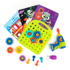 Educational Insights - Atelier de conception et d'engrenages de forage-Créatif, jeu de construction - les enfants utilisent de vrais outils de travail pour compléter des scènes colorées et créer des effets visuels cool. Comprend une planche de forage avec poignée, perceuse, tournevis, 9 engrenages en deux tailles, 32 boulons colorés, manivelle à main et 10 cartes à motif double face à copier