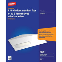 Staples - Enveloppes n°10 de première qualité avec rabat gommé, 4 1/8 x 9 1/2 po, 24 lb, blanc, paquet de 500-Enveloppes n°10 polyvalentes, idéales pour poster des lettres, des chèques, des états de compte, des factures et plus