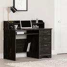 South Shore - Versa Bureau de travail Noir antique-BUREAU AUX RANGEMENTS MULTIPLES : ce bureau d’ordinateur offre une tablette au bas pour vos livres, une autre pour votre portable lorsqu’il est fermé, une huche avec divisions fixes pour vos papiers et 3 tiroirs pour vos fiches et articles de bureau.
