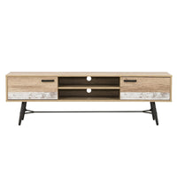 CorLiving - Aurora Banc TV bicolore beige et blanc avec pieds évasés pour les téléviseurs jusqu'à 80 pouces-Portes bicolores en bois laminé beige accentué de blanc