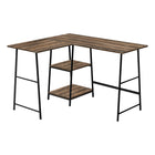 Monarch Specialties - 7593 Bureau 48 po L - Dessus Faux Bois Brun De Coin/ Metal Noir-Bureau d'ordinateur de style industriel avec 2 étagères fixes et ouvertes supporté par une base de style chevalet en métal noir