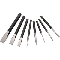 Dynamic Tools – Ensemble de 8 poinçons et burins-Comprend : 3 burins : 1/2 po , 5/8 po, 3/4 po, 1 pointeau centreur : 5/32 po, 1 poinçon : 3/16 po, 3 goupilles : 1/8 po, 3/16 po, 1/4 po