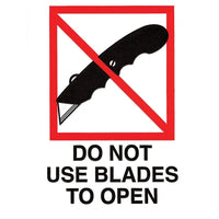 Étiquettes internationales de manutention spéciale, « Do Not Use Blades To Open », 3 po x 4 po, 500/rouleau-Dimensions : 3 po x 4 po