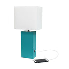 Élégante Conception Lampe de table moderne en cuir avec USB et abat-jour en tissu blanc, sarcelle-Cette lampe comprend un cordon de 6 'de long.