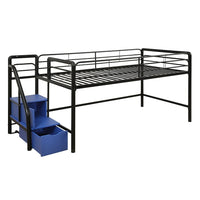 Lit mezzanine une place Junior avec marches incluant un espace de rangement - Noir-Cadre de métal à profil abaissé avec une échelle intégrée et des barres de retenues pleines longueur, idéal pour optimiser l’espace dans une chambre à coucher.