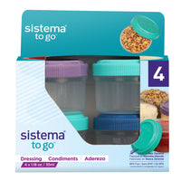SistemaMD – Vinaigrette à emporter, couleurs variées, paq./4-Contenants pratiques pour vinaigrette permettant d’emporter sur le pouce votre vinaigrette préférée