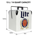 Miller Lite - Glaciere retro avec ouvre-bouteille, 13 L (14 q), Blanc-Exterieur blanc accrocheur antirouille avec accents de chrome vernis