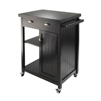 Winsome Timber - Chariot de cuisine avec panneau lambris, noir-Le chariot de cuisine de Timber avec panneau lambris fini en noir complète votre cuisine.  La surface de travail est de 25,67 larg. x 19,37 prof. (po). Un tiroir large avec dimensions intérieures de 2,75 haut. x 20,71 larg. x 13,50 prof. (po). Un côté comprend un espace de rangement ouvert et une tablette ajustable.  L’autre tablette inférieure est dotée d’une armoire fermée avec une tablette réglable.  Dimensions intérieures de l’armoire : 22,2