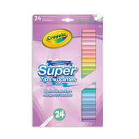 Crayola - Maqueurs lavables Super Pointes - Paquet de 24-Profite d'un arc-en-ciel de marqueurs Super Tips de 24 couleurs pastel différentes, dont des roses, des bleus et des verts doux, parfaits pour ajouter une touche de fantaisie à tes œuvres d'art.