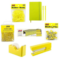 JAM Paper – Trousse de bureau complète, jaune (338756Cye)-Comprend un cahier de notes, des stylos, des pince-notes, des agrafes, des trombones, des bandes élastiques, un dévidoir de ruban et une agrafeuse