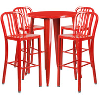 Ensemble de table de bar ronde en métal rouge, 4 tabourets à dos lattes verticales, int/ext, 30 po (CH-51090BH-4-30VRT-RED-GG)-Table de bar à café en métal