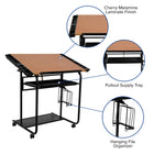 Flash Furniture – Table à dessin ajustable avec structure noire et doubles roulettes, cerisier-Plateau de fourniture coulissant