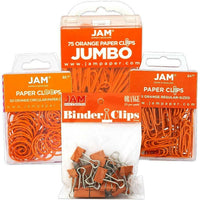 JAM Paper - Ensemble de pinces/trombones orange, pince-notes, trombones standard, trombones circulaires, 4/ens (26411ORASRTD)-Ensemble de 4 différents styles de pince-notes et de trombones orange