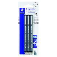 Staedtler - Stylos à pigments - Pointes assorties (0,05, 0,2, 0,8 mm) - Noir - Paquet de 3-Feutres fins de qualité supérieure avec pointe recouverte de métal à utiliser contre les bords des outils