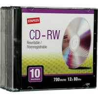 Staples - Disques CD-RW 12x 700 Mo/80 min., boîtiers minces, paq./10-Les supports CD-RW sont pratiques : réinscription, lecture sans bruit et entière compatibilité avec toutes les unités de CD-RW