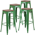 Flash Furniture - Tabouret de bar de 30 po haut en métal vert sans dossier avec siège carré en bois-Ensemble de 4 tabourets modernes empilables de style industriel