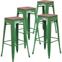 Flash Furniture - Tabouret de bar de 30 po haut en métal vert sans dossier avec siège carré en bois-Ensemble de 4 tabourets modernes empilables de style industriel