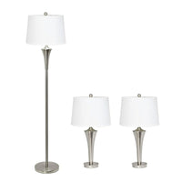 Ensemble de 3 lampes coniques Elegant Designs  (2 lampes de table, 1 lampadaire) avec abat-jour blancs, nickel brossé-Ensemble de lampes avec 2 tables et 1 lampadaire