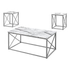 Monarch Specialties - 7953P Ens De Tables - 3Pcs/Marbre Blanc/Metal Argent-Cet ensemble de 3 tables pour le salon inclut une table basse et deux tables de bout