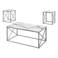 Monarch Specialties - 7953P Ens De Tables - 3Pcs/Marbre Blanc/Metal Argent-Cet ensemble de 3 tables pour le salon inclut une table basse et deux tables de bout