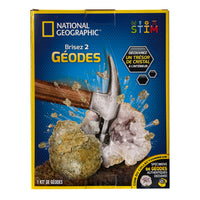 National Geographic Brisez 2 Géodes-Ce kit scientifique comprend : 2 géodes remplies de cristaux de haute qualité, des lunettes de sécurité, un stand d’affichage et un guide d’apprentissage en couleur.
