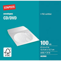 Staples Enveloppes blanches pour CD/DVD, 4 7/8 po x 5 po, bte/100-4 7/8 po x 5 po